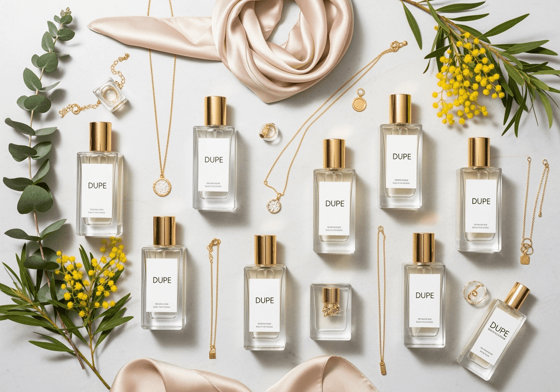 Collection of perfume dupes with elegant packaging surrounded by jewelry and greenery, showcasing affordable luxury scents.