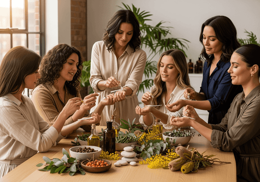 Women exploring perfumes and natural ingredients together at a table, showcasing a collaborative fragrance experience.