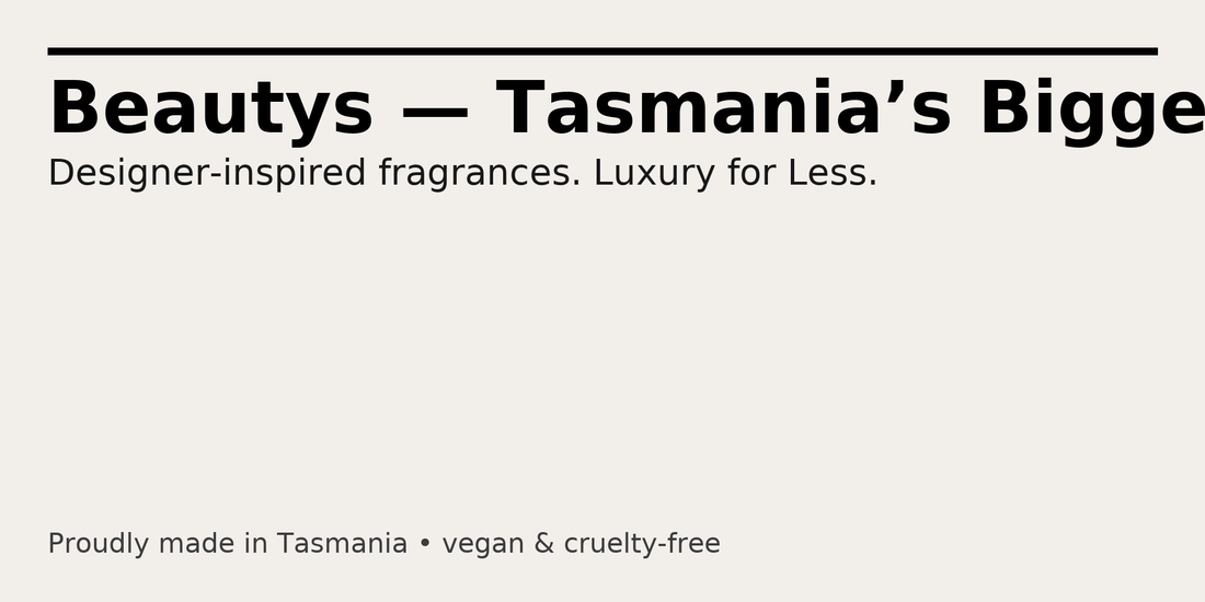 Beautys perfume bottle with gold cap on a beige background, promoting Beautys as Tasmania’s leading dupe perfume brand offering luxury fragrances for less, proudly made in Tasmania.