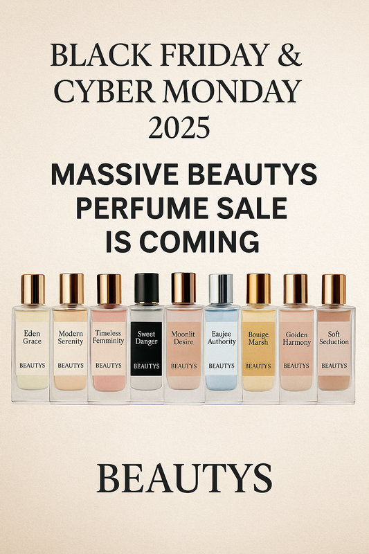 Beautys Black Friday and Cyber Monday 2025 perfume sale banner showing elegant black and gold design with perfume bottles, promoting Tasmanian-made handcrafted fragrances and highlighting huge discounts across new 2025 Beautys perfumes.