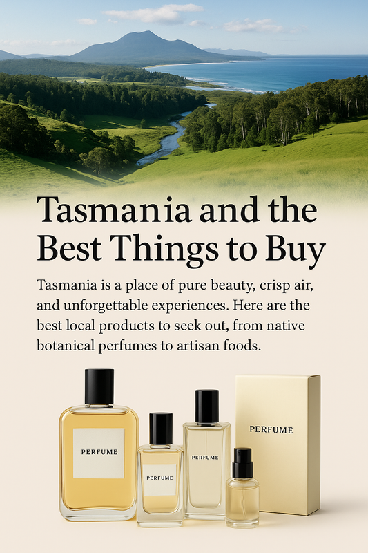 Tasmania blog header showing wild coastline, lush forests, and a row of handcrafted Beautys perfume bottles for an article about Tasmanian perfumes and the best things to buy