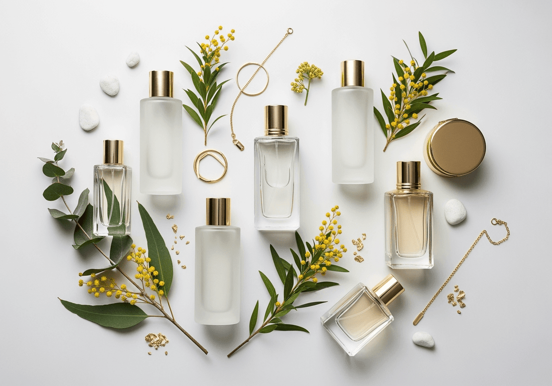 A collection of elegant perfume bottles surrounded by greenery and decorative elements, showcasing fragrance beauty.