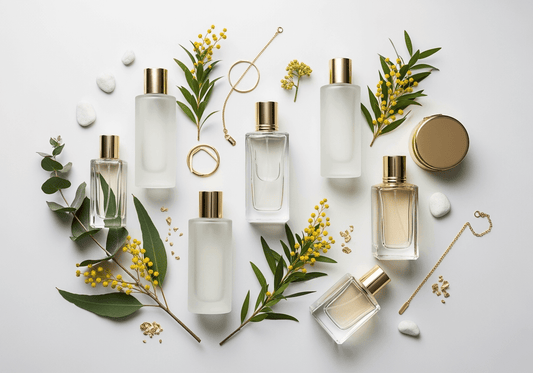 A collection of elegant perfume bottles surrounded by greenery and decorative elements, showcasing fragrance beauty.