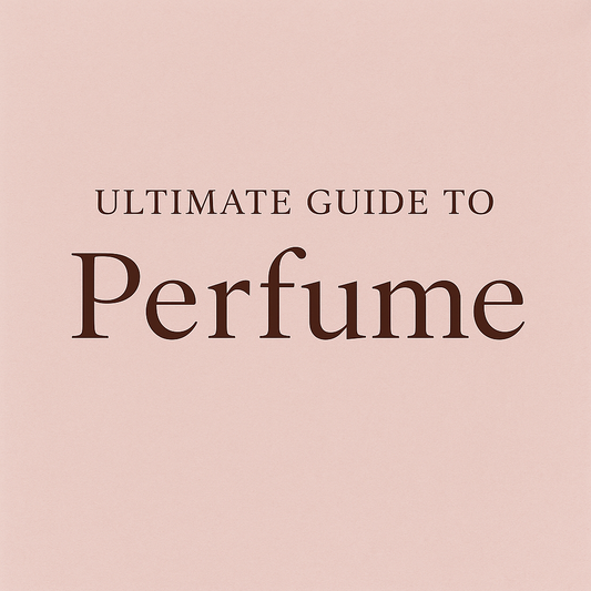 Minimalist blush pink background with elegant serif text reading “Ultimate Guide to Perfume” in deep brown, styled for Beautys’ cornerstone blog banner.