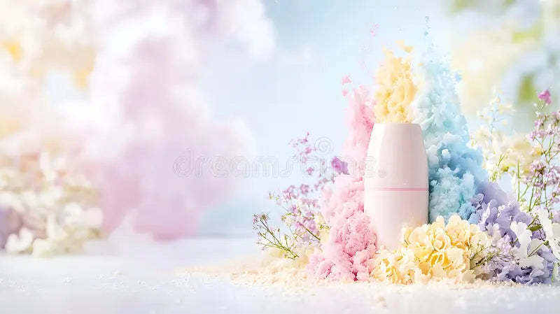 Perfume bottle with pastel flowers representing handcrafted Australian-made fragrances by Beautys, showcasing artisan and cruelty-free perfumery.