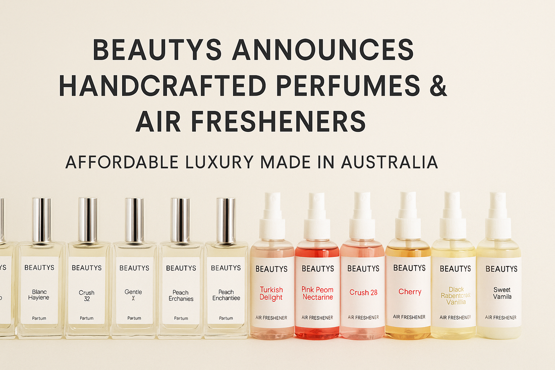 Beautys perfumes and air fresheners lined up, representing Australian-made affordable luxury