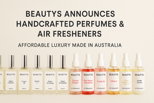 Beautys perfumes and air fresheners lined up, representing Australian-made affordable luxury