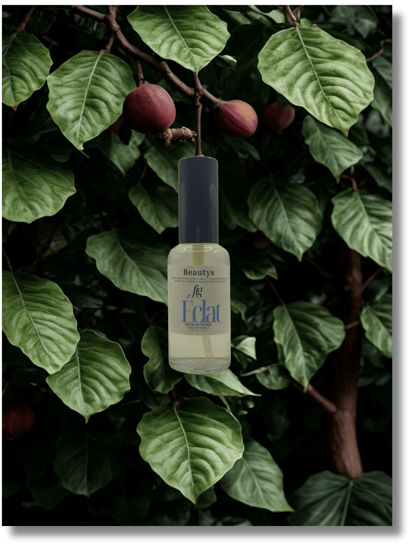 Beauty product bottle labeled 'Eclat' on a leafy green background