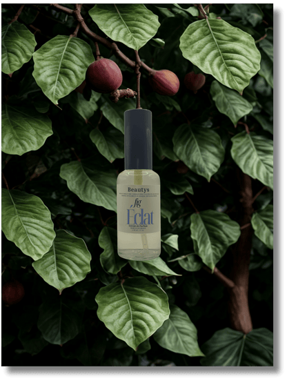 Beauty product bottle labeled 'Eclat' on a leafy green background