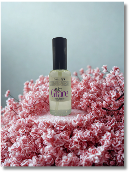 Beautys Eden Grace perfume displayed with white florals, Tasmanian-made feminine scent.