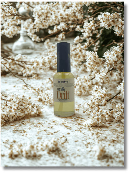 Vanilla Drift Perfume bottle beside coconut halves and white flowers – cruelty-free artisan perfume.