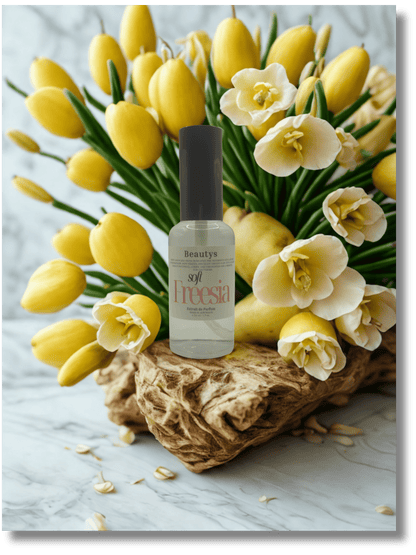 Bottle of beauty product with yellow and white flowers on a marble surface