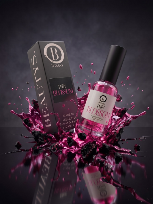 Bottle and packaging of 'Wild Blossom' perfume with blackberries on a dark background