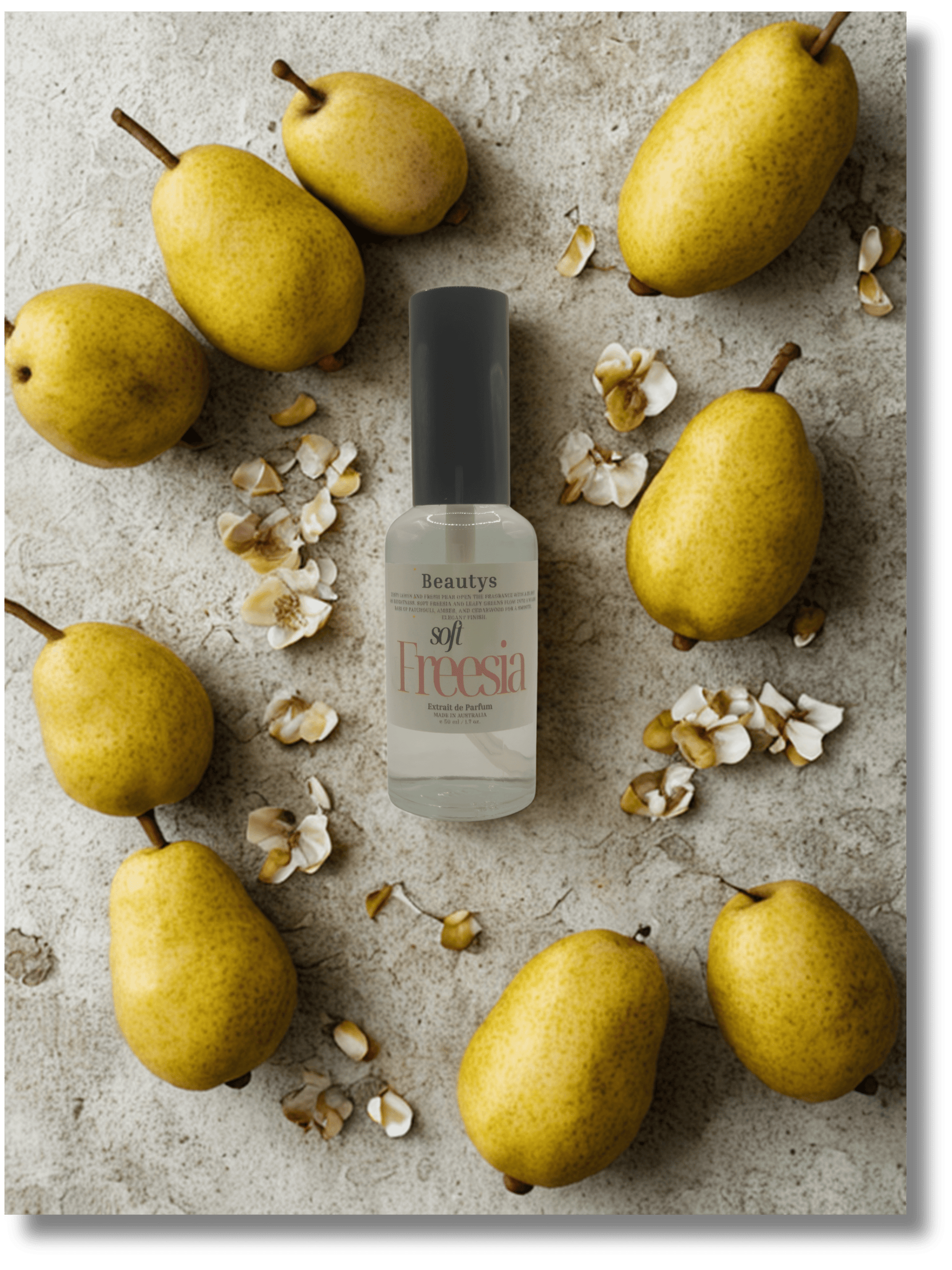 Freesia nail polish bottle surrounded by pears on a textured surface