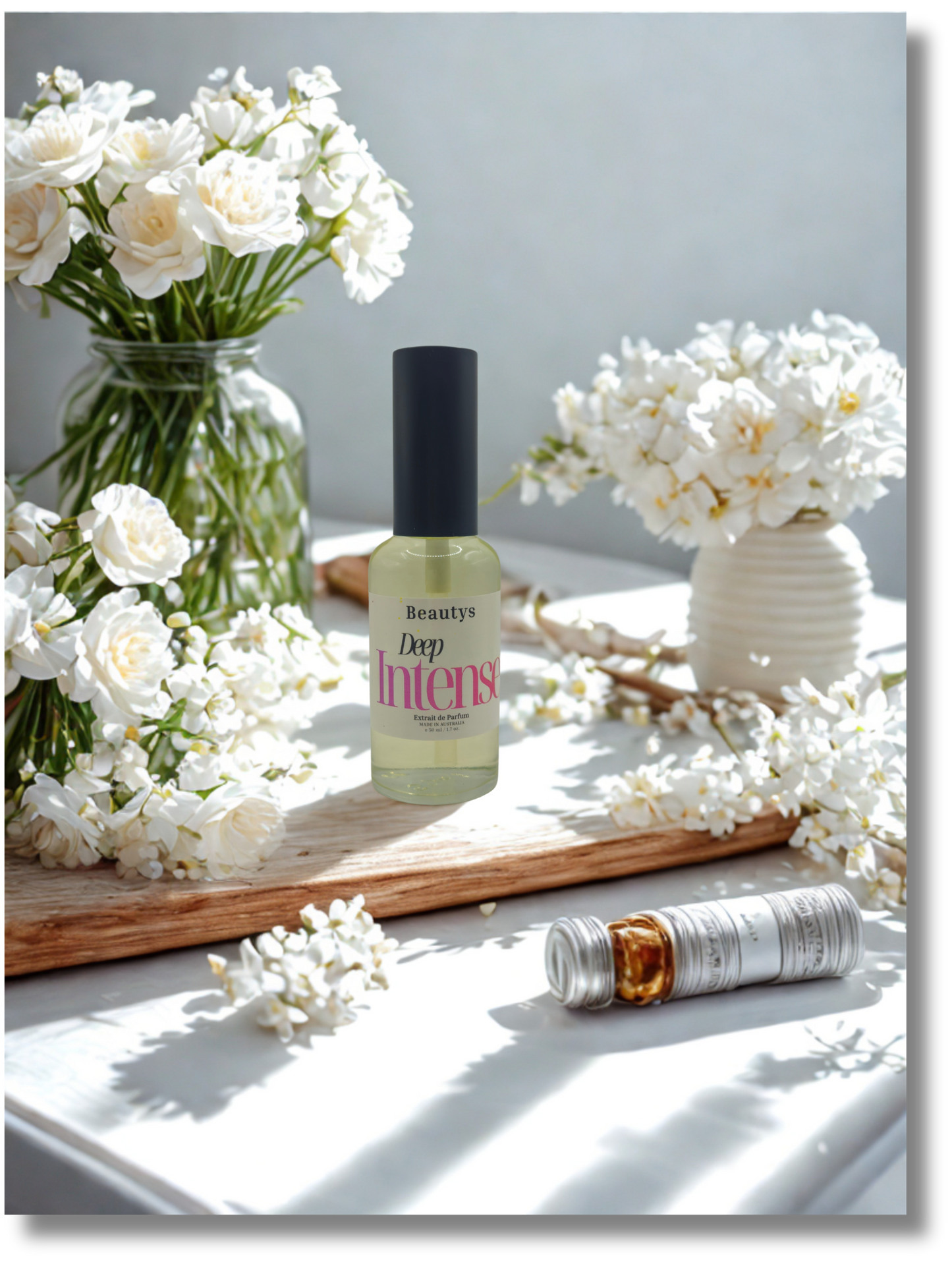 Deep Intense warm floral and almond perfume in elegant glass bottle