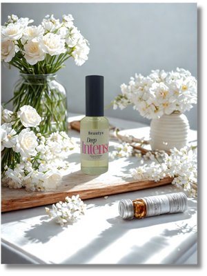 Deep Intense warm floral and almond perfume in elegant glass bottle