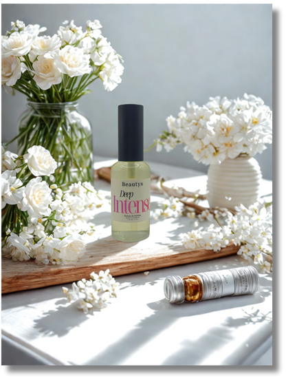 Deep Intense warm floral and almond perfume in elegant glass bottle