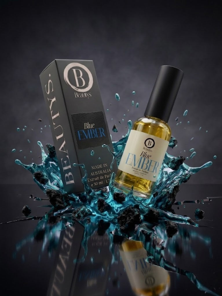 Blue Ember perfume bottle—Fresh-Woody Extrait de Parfum for fans of Chanel Bleu EDP, handcrafted in Tasmania.
