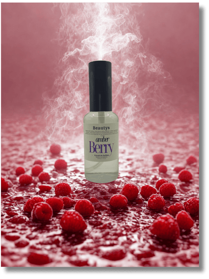 Beauty product bottle labeled 'Amber Berry' surrounded by raspberries on a pink background