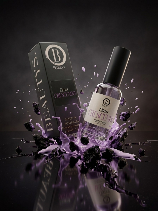 Bottle and packaging of 'Citrus Crescendo' perfume with blackberries on a dark background
