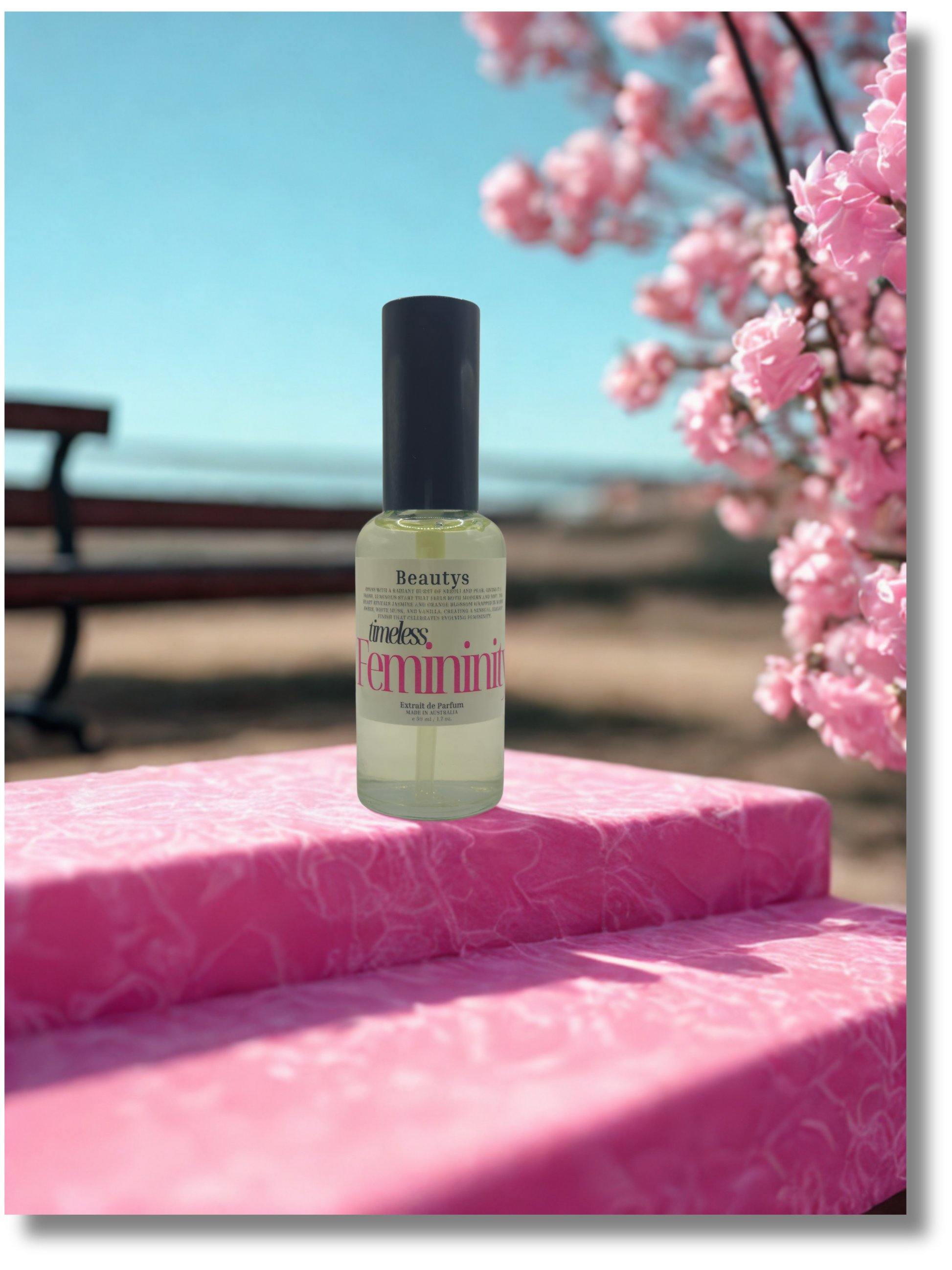 Beautys Timeless Femininity perfume presented against soft silk, elegant women’s fragrance
