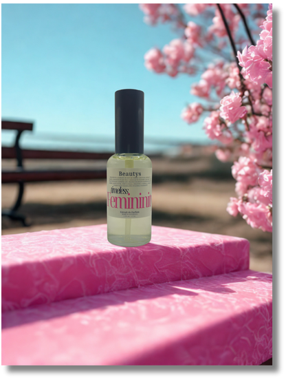 Beautys Timeless Femininity perfume presented against soft silk, elegant women’s fragrance