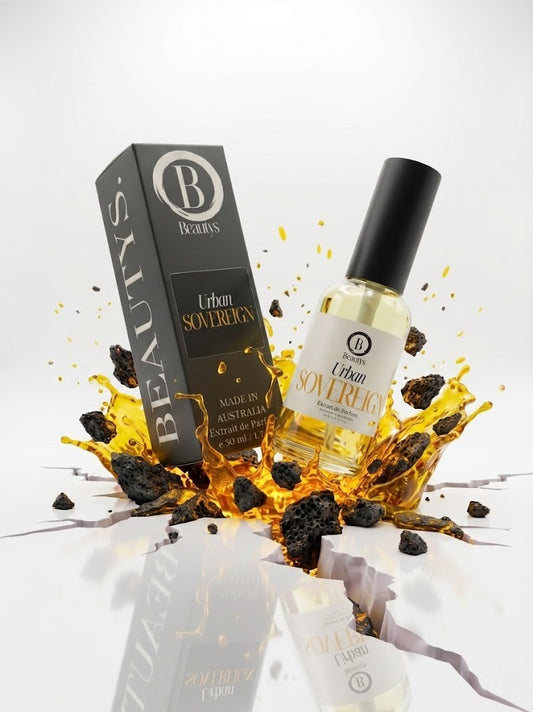 Urban Soverign Bottle and packaging of a luxury product with splashes on a white background