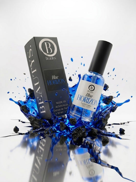 Blue Horizon perfume bottle and packaging with blue splashes on a white background