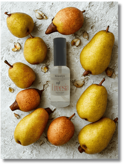 Bottle of Freesia perfume surrounded by pears on a textured surface