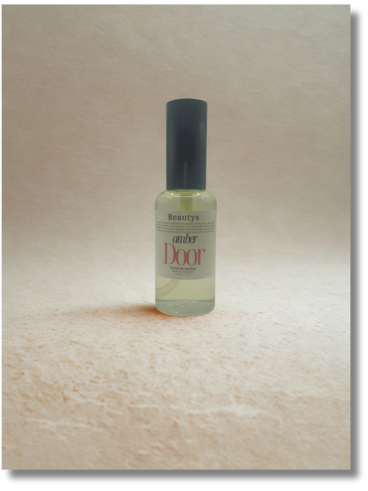 Bottle of 'Amber Door' perfume on a wooden surface
