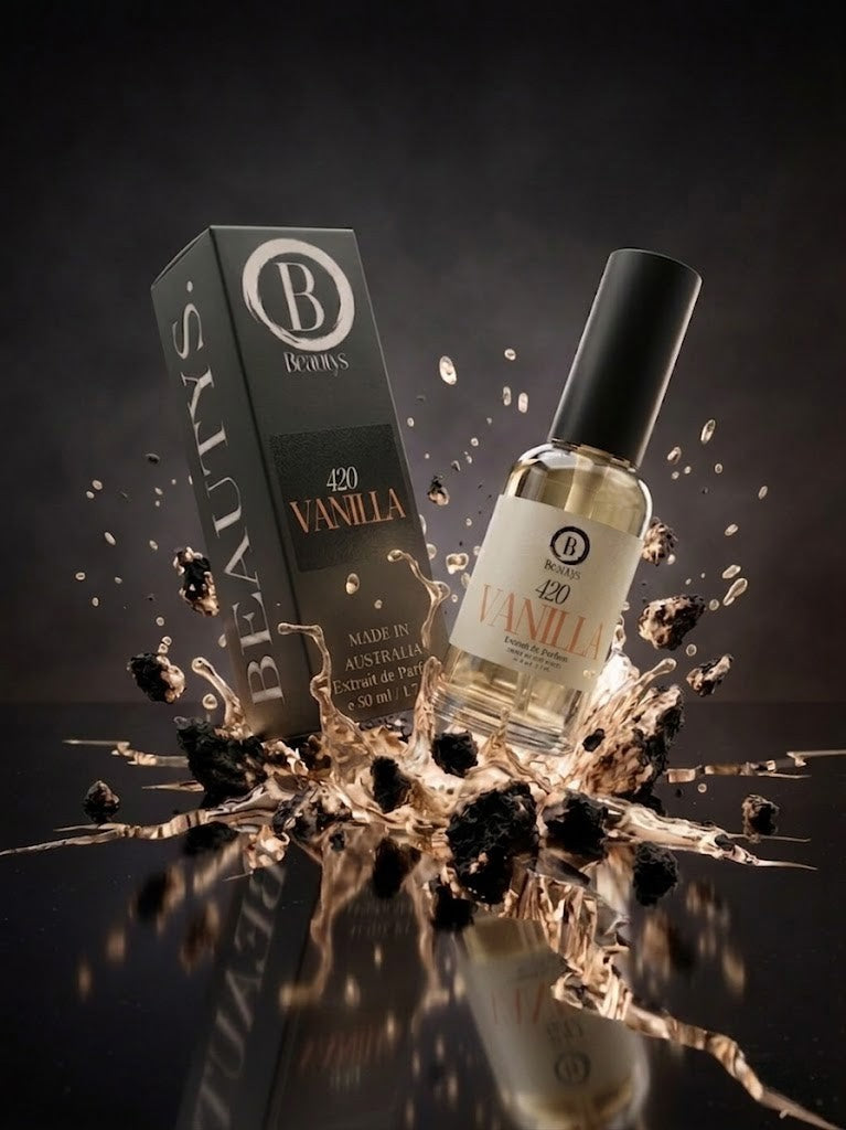 420 vanilla perfume with packaging on a reflective surface