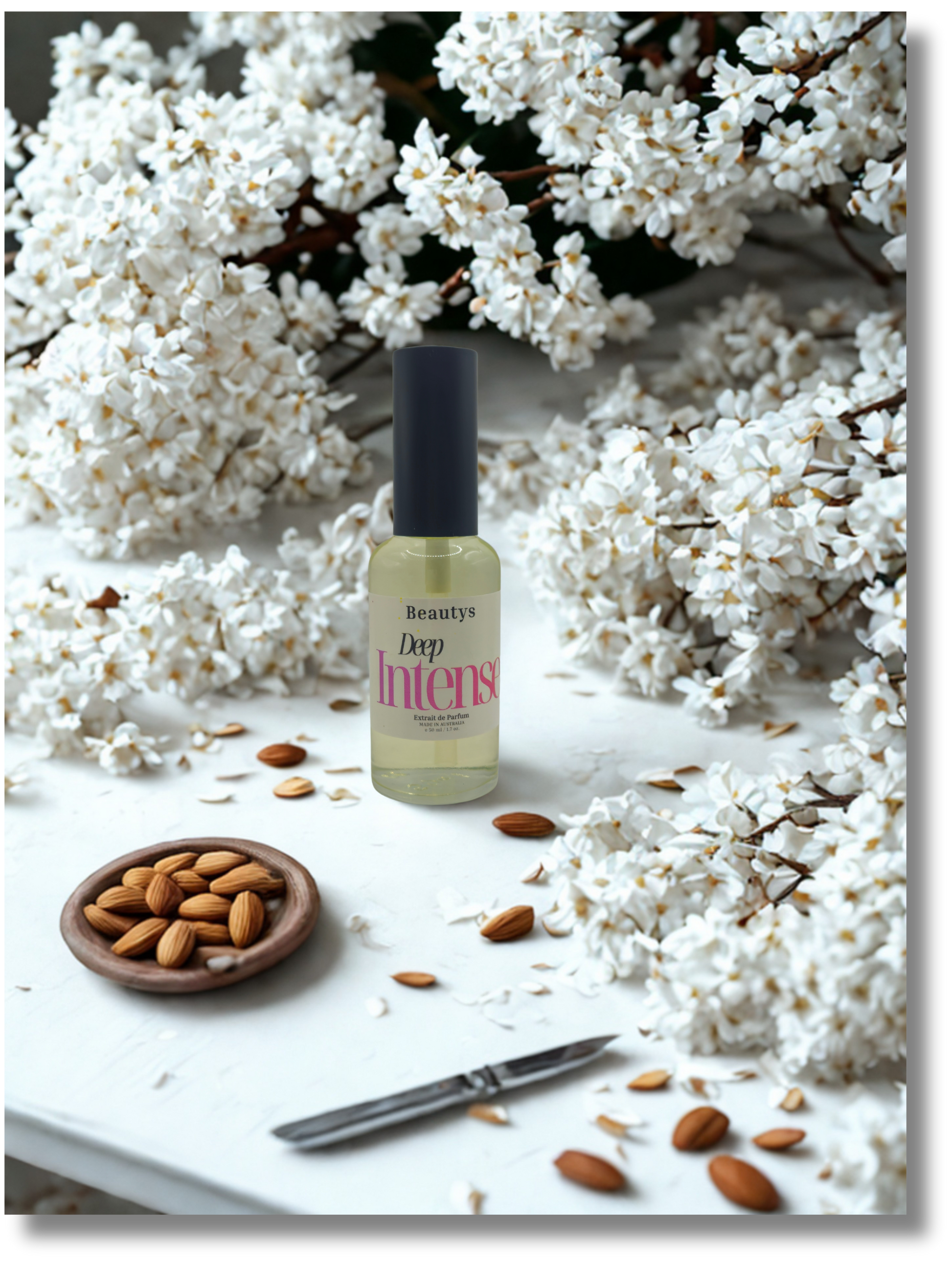 Handcrafted Tasmanian perfume Deep Intense surrounded by florals