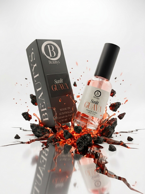 Sunlit Guava by Beautys, fresh and vibrant guava fruit with bright yellow skin and green leaves, on a white background.