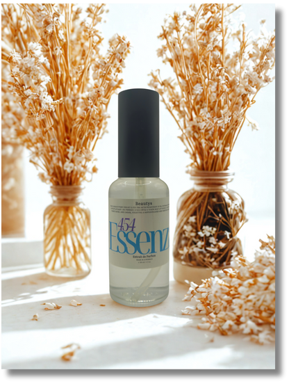 Bottle of Essenz with decorative dried plants on a light background
