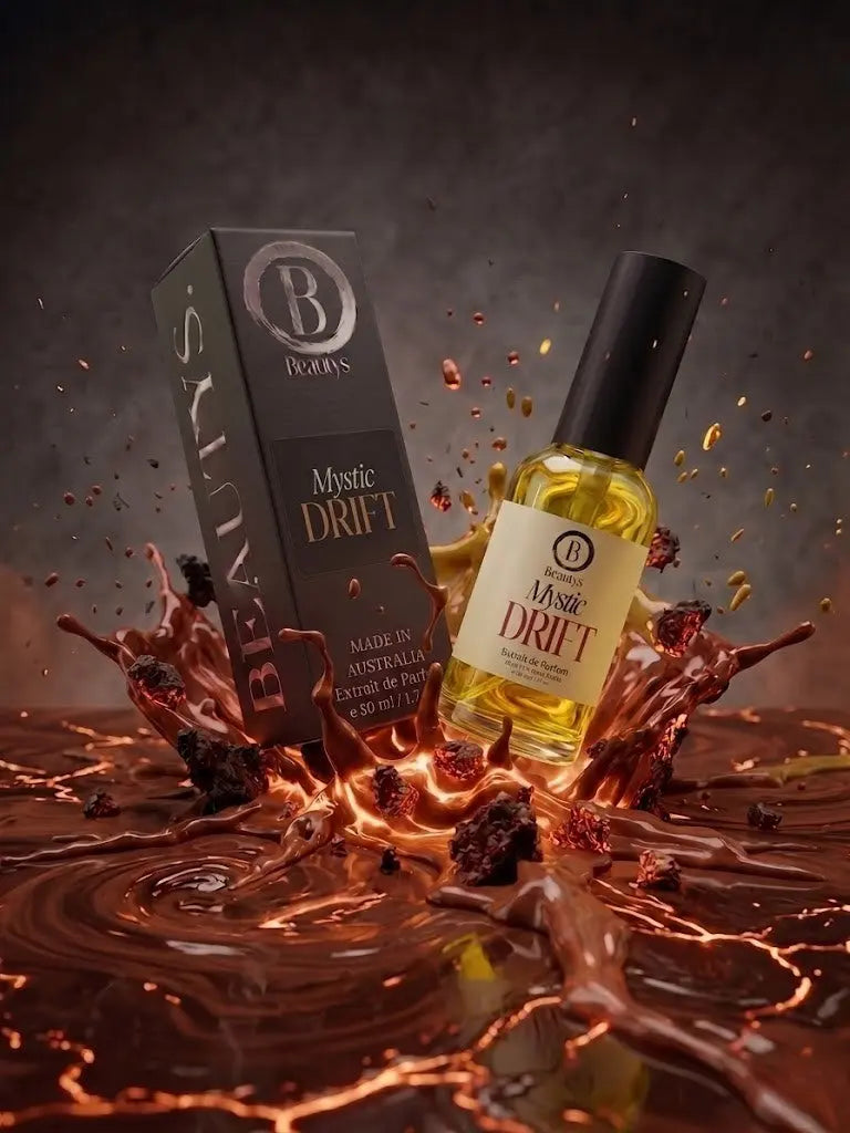 Beauty brand Mystic Drift by Beautys, close-up of elegant product packaging and design.
