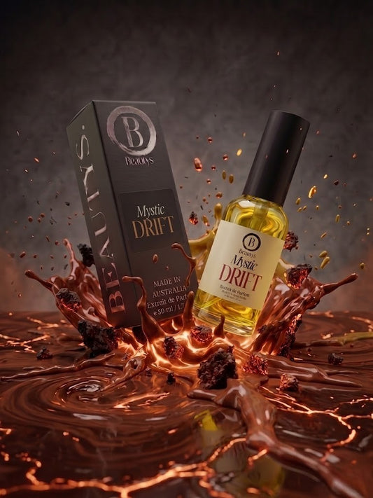 Beauty brand Mystic Drift by Beautys, close-up of elegant product packaging and design.