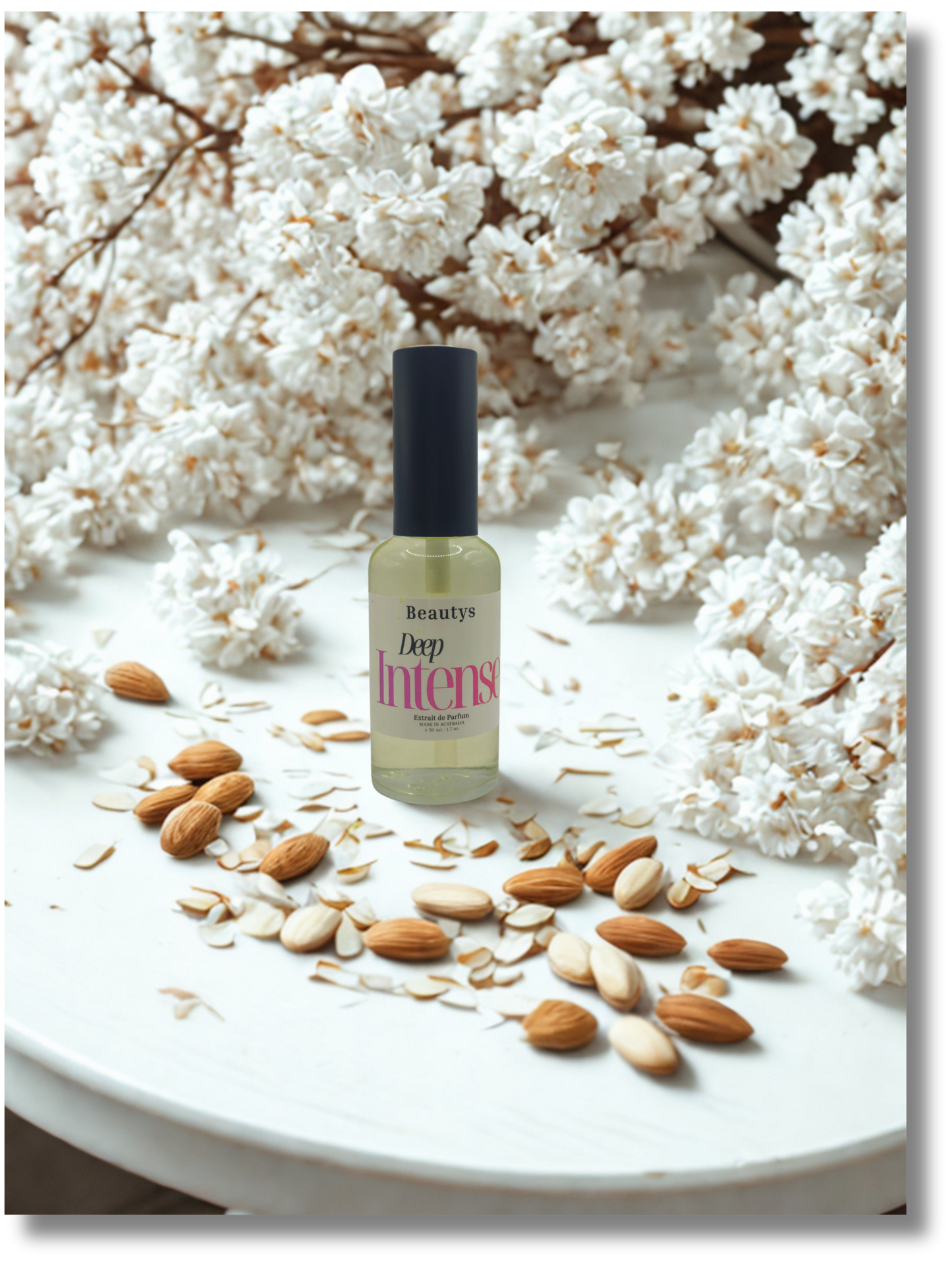 Deep Intense luxury fragrance bottle styled with almond and jasmine