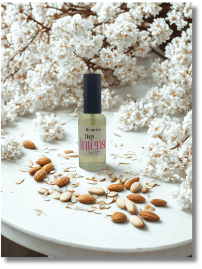 Deep Intense luxury fragrance bottle styled with almond and jasmine
