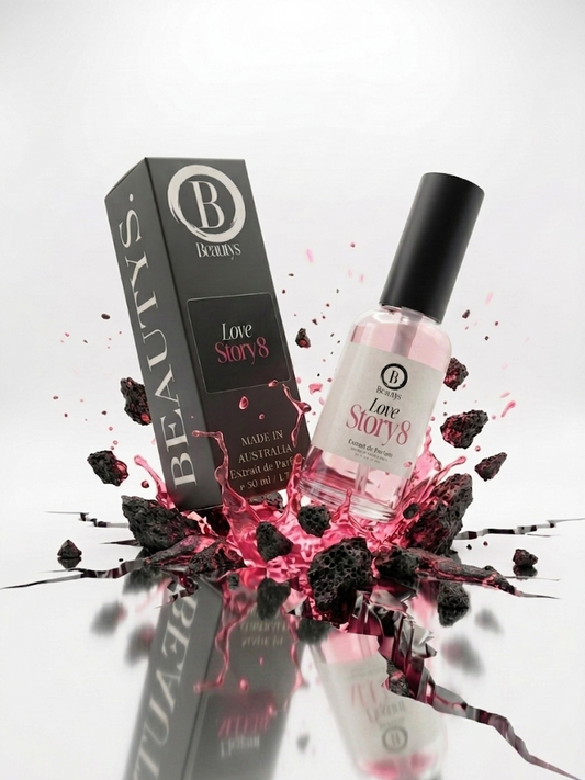 Beautys Love Story8 skincare product bottle with white and pink packaging, shown on a neutral background.