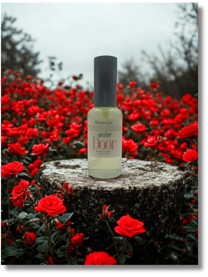 Bottle of 'Beauty Door' product on a stone surface with red flowers in the background