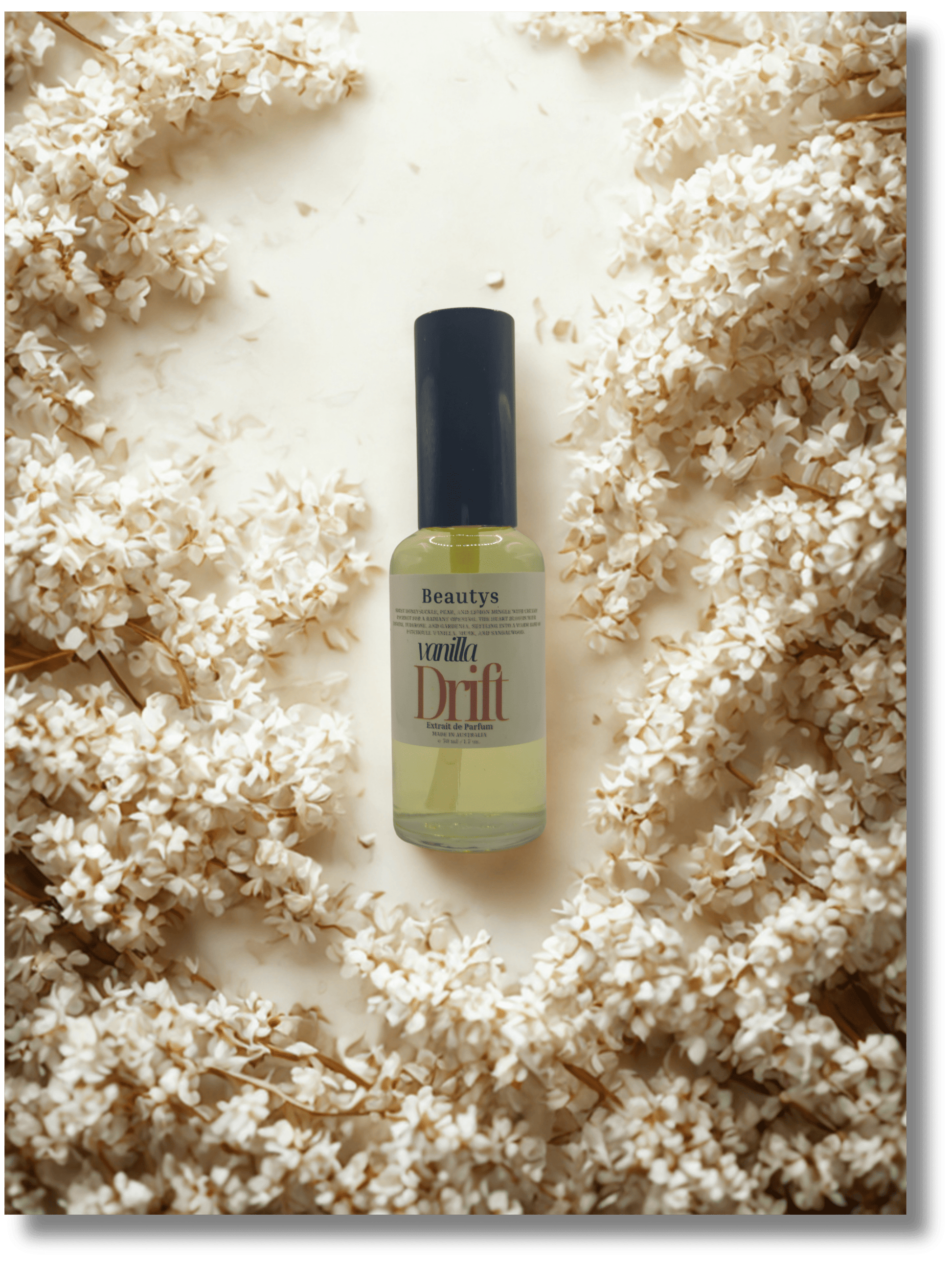 Soft lifestyle image of Vanilla Drift Perfume glowing in warm light – vegan-friendly Tasmanian.