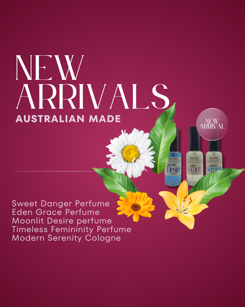 New Arrivals banner featuring Beautys’ latest Tasmanian-made perfumes and skincare, showcasing handcrafted cruelty-free luxury products.