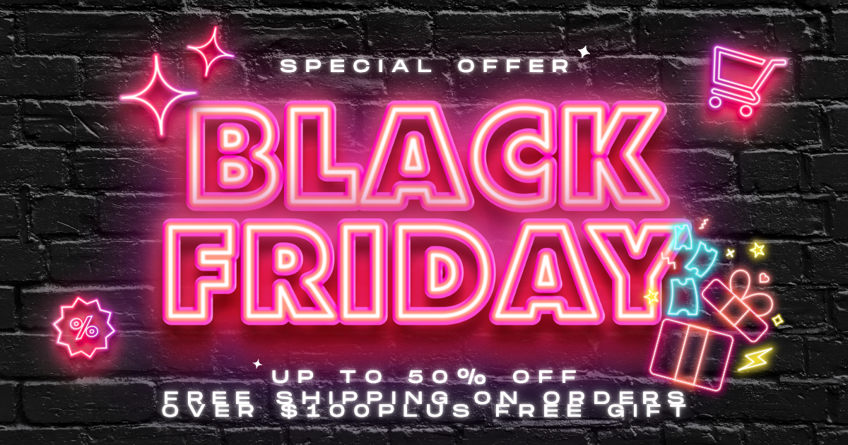 Neon 'Black Friday' sign with special offer text on a brick wall background