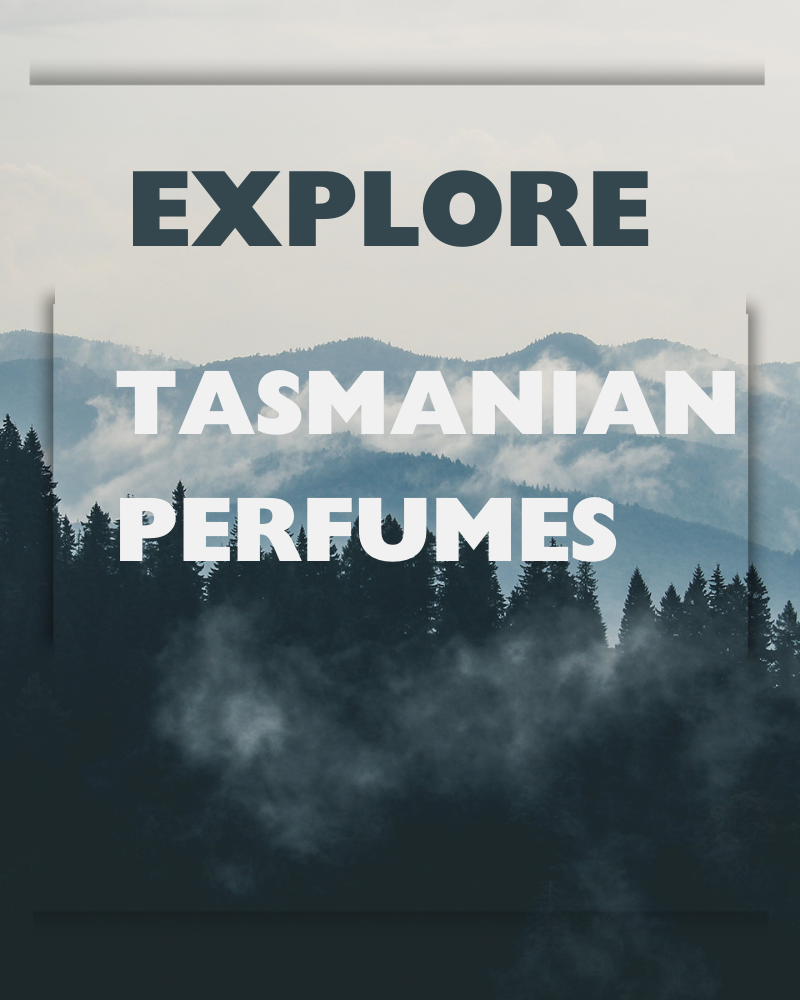 Promotional graphic for Tasmanian perfumes with mountain and forest background