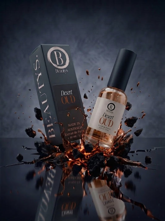 Bodrum's Desert Oud perfume bottle and packaging on a reflective surface with dark background