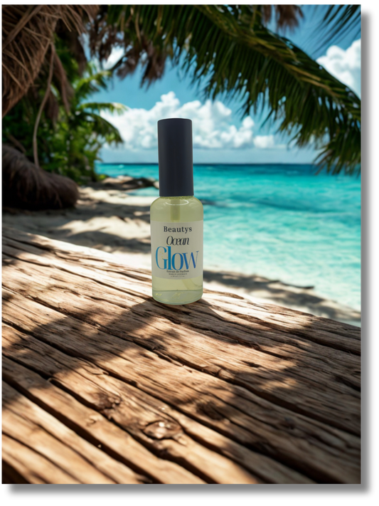 Ocean Glow tropical floral and coconut perfume in elegant glass bottle