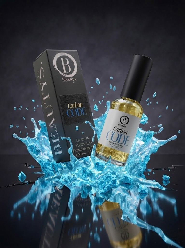 Bottle and packaging of 'Carbon Code' with water splash effect on a dark background