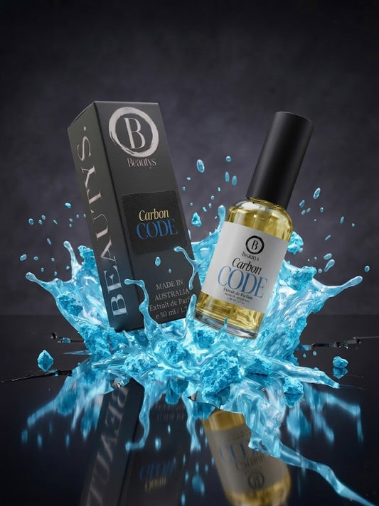 Bottle and packaging of 'Carbon Code' with water splash effect on a dark background
