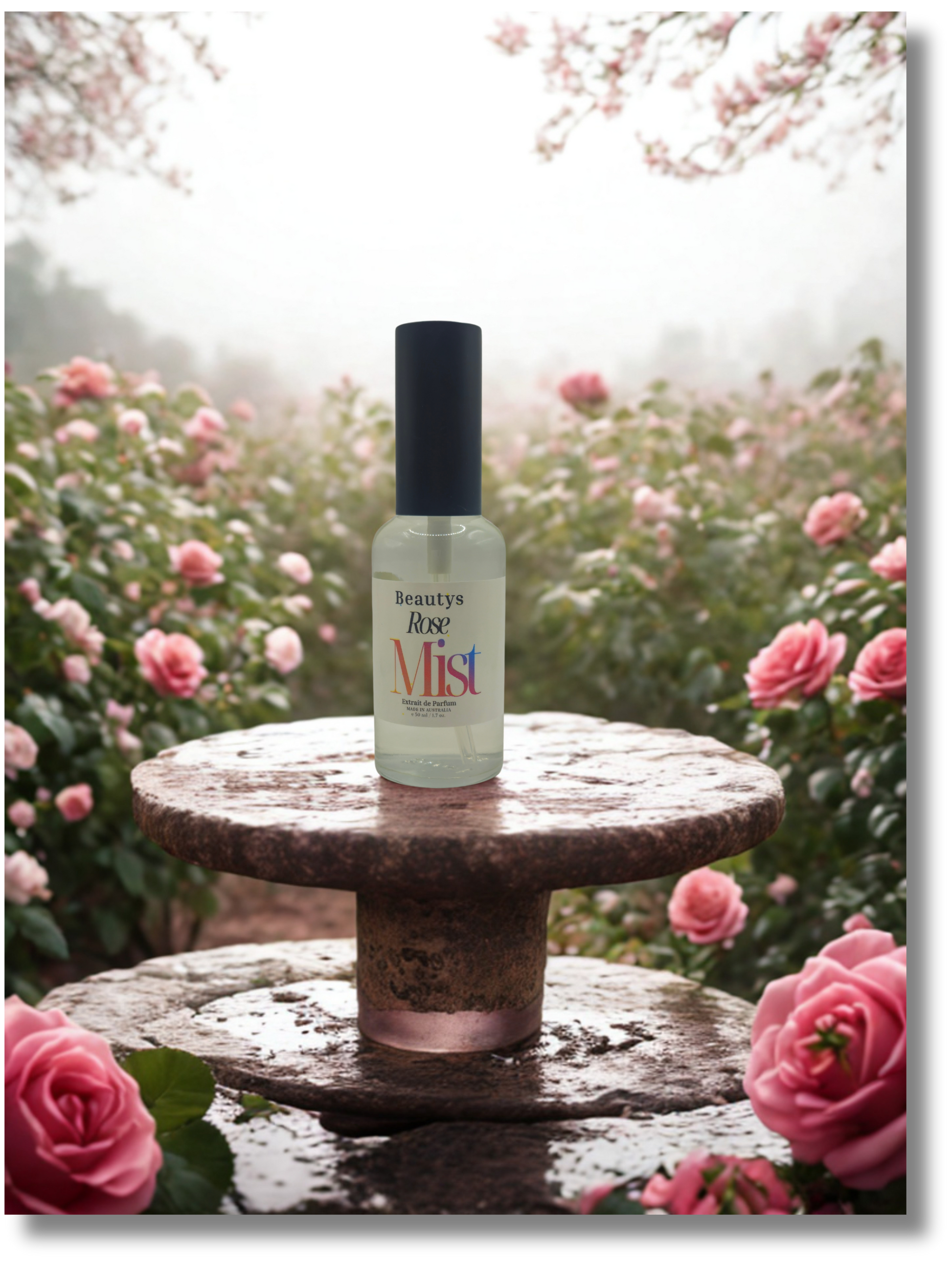 Rose Mist luxury unisex fragrance bottle styled with roses and peppercorns