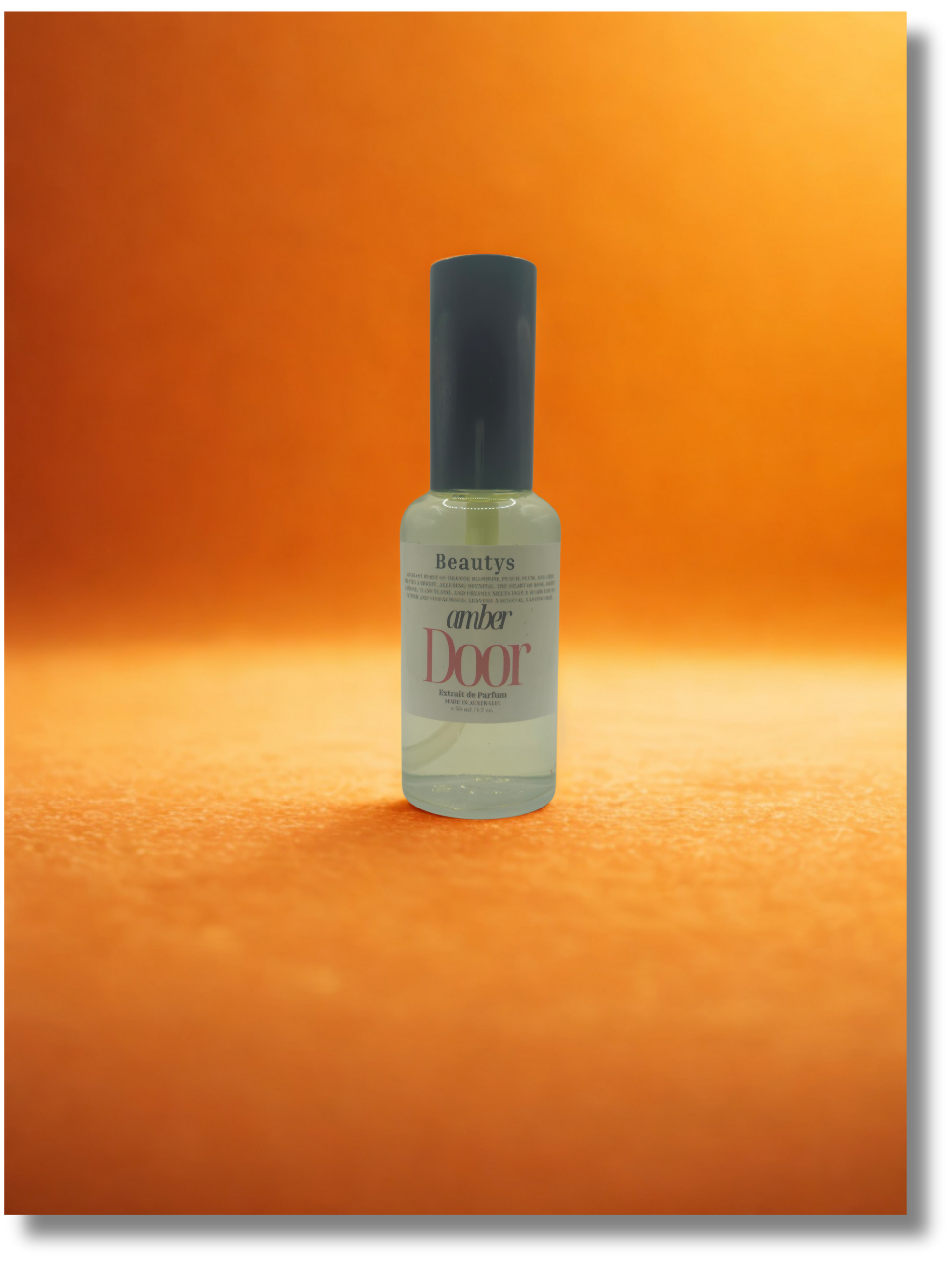 Bottle of 'amber door' on an orange background